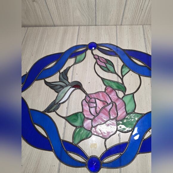 Vtg Humming Bird And Rose Stained Glass Oval Leaded Antique? 16x22" Read - Picture 2 of 13